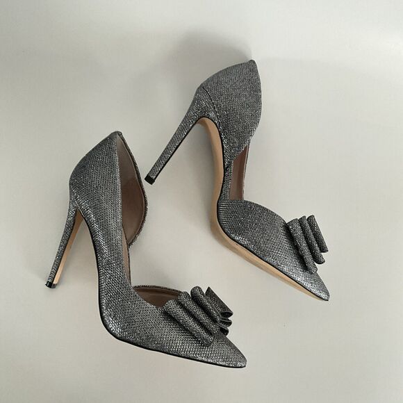 Betsey Johnson Heels 8.5M Pewter Prince Glitter Point-toe D’orsay Bow Stiletto - Picture 5 of 13